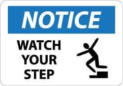 NMC - "Notice - Watch Your Step", 10" Long x 14" Wide, Aluminum Safety Sign - Rectangle, 0.04" Thick, Use for Accident Prevention - Exact Tool & Supply