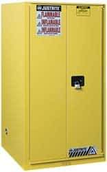 Justrite - 2 Door, 5 Shelf, Yellow Steel Standard Safety Cabinet for Flammable and Combustible Liquids - 65" High x 34" Wide x 34" Deep, Manual Closing Door, 3 Point Key Lock, 96 Gal Capacity - Exact Tool & Supply