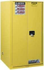 Justrite - 2 Door, 5 Shelf, Yellow Steel Standard Safety Cabinet for Flammable and Combustible Liquids - 65" High x 34" Wide x 34" Deep, Manual Closing Door, 3 Point Key Lock, 96 Gal Capacity - Exact Tool & Supply