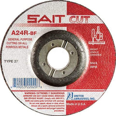 Sait - 24 Grit, 6" Wheel Diam, 1/8" Wheel Thickness, 7/8" Arbor Hole, Type 27 Depressed Center Wheel - Aluminum Oxide, Resinoid Bond, R Hardness, 10,200 Max RPM, Compatible with Angle Grinder - Exact Tool & Supply