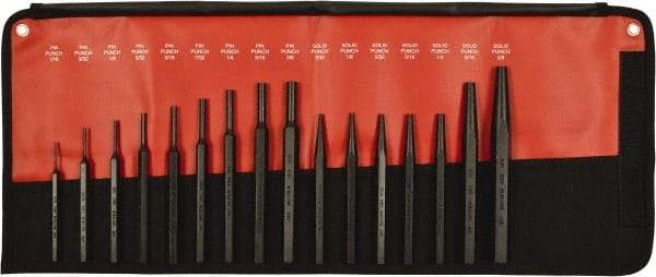 Mayhew - 16 Piece, 3/32 to 3/8", Assorted Brass Punch Kit - Hex Shank, Steel, Comes in Kit Bag - Exact Tool & Supply