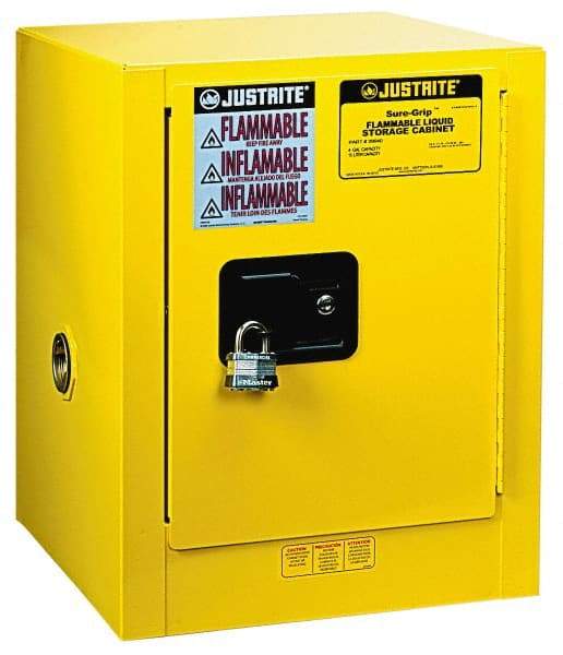 Justrite - 1 Door, 1 Shelf, Yellow Steel Bench Top Safety Cabinet for Flammable and Combustible Liquids - 22" High x 17" Wide x 17" Deep, Self Closing Door, 4 Gal Capacity - Exact Tool & Supply