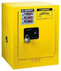 Justrite - 1 Door, 1 Shelf, Yellow Steel Bench Top Safety Cabinet for Flammable and Combustible Liquids - 22" High x 17" Wide x 17" Deep, Self Closing Door, 4 Gal Capacity - Exact Tool & Supply