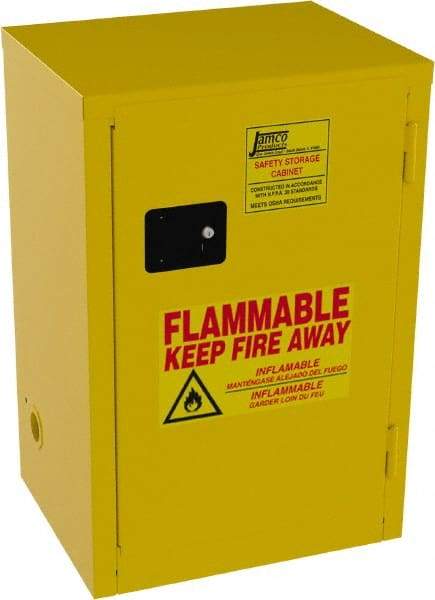 Jamco - 1 Door, 1 Shelf, Yellow Steel Space Saver Safety Cabinet for Flammable and Combustible Liquids - 35" High x 23" Wide x 18" Deep, Manual Closing Door, 3 Point Key Lock, 12 Gal Capacity - Exact Tool & Supply