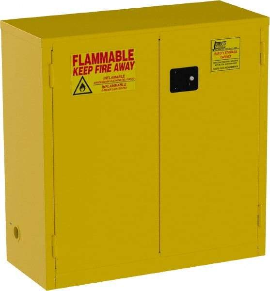 Jamco - 2 Door, 1 Shelf, Yellow Steel Standard Safety Cabinet for Flammable and Combustible Liquids - 44" High x 43" Wide x 18" Deep, Manual Closing Door, 3 Point Key Lock, 30 Gal Capacity - Exact Tool & Supply