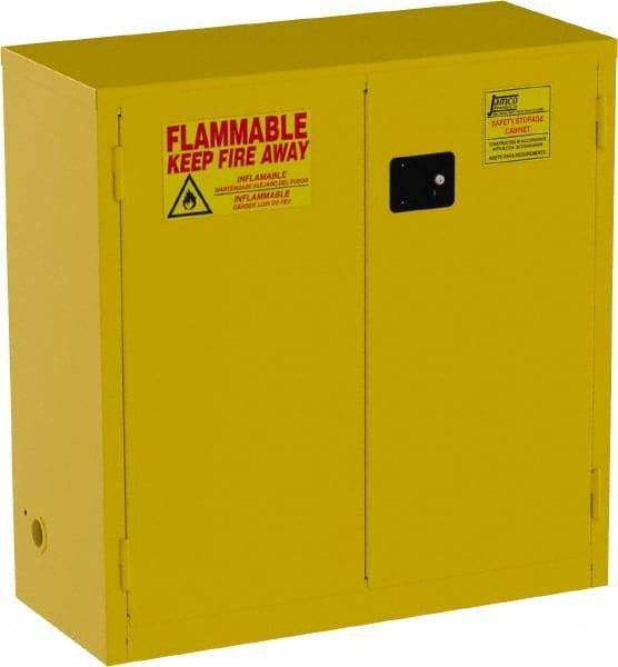 Jamco - 2 Door, 1 Shelf, Yellow Steel Standard Safety Cabinet for Flammable and Combustible Liquids - 44" High x 43" Wide x 18" Deep, Self Closing Door, 3 Point Key Lock, 30 Gal Capacity - Exact Tool & Supply