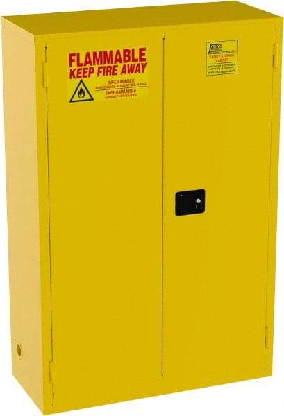 Jamco - 2 Door, 2 Shelf, Yellow Steel Standard Safety Cabinet for Flammable and Combustible Liquids - 65" High x 43" Wide x 18" Deep, Manual Closing Door, 3 Point Key Lock, 45 Gal Capacity - Exact Tool & Supply