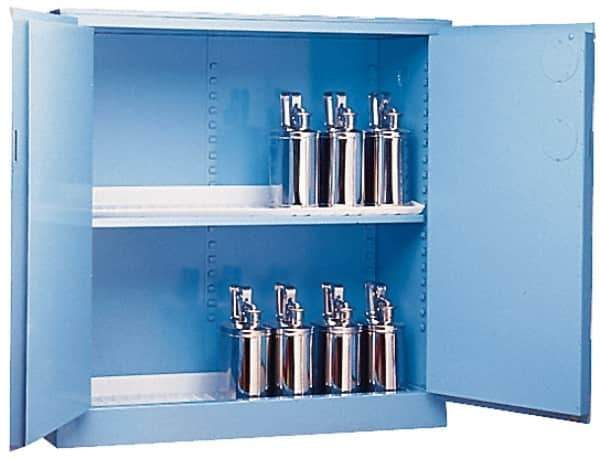 Justrite - 2 Door, 2 Shelf, Blue Steel Standard Safety Cabinet for Corrosive Chemicals - 65" High x 34" Wide x 34" Deep, Manual Closing Door, 3 Point Key Lock, 60 Gal Capacity - Exact Tool & Supply