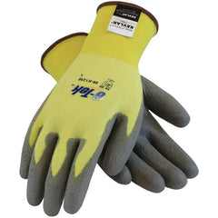 09-K1250/L Gloves w/Kevlar Brand - G-Tek KEV - Yellow 15G Kevlar/Lycra Seamless Knit - Gray PU Grip A2 - Exact Tool & Supply