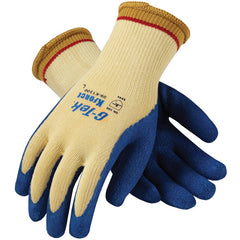 ‎09-K1300/S Gloves w/Kevlar Brand - G-Tek KEV - 100% Kevlar 7G Yellow Shell - Blue Latex Crinkle Grip - A4 - Exact Tool & Supply