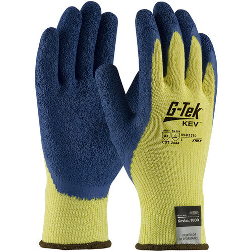 ‎09-K1310/S Gloves w/Kevlar Brand - G-Tek KEV - 100% Kevlar 10G Yellow Shell - Blue Latex Crinkle Grip - A3 - Exact Tool & Supply