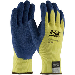 ‎09-K1310/S Gloves w/Kevlar Brand - G-Tek KEV - 100% Kevlar 10G Yellow Shell - Blue Latex Crinkle Grip - A3 - Exact Tool & Supply