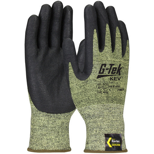 09-K1600/S Gloves w/Kevlar Brand - G-Tek KEV - Kevlar Engineered Yarn - Yel/Blk 13 Gauge - Nitrile Foam - A7 - Exact Tool & Supply