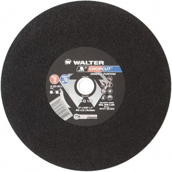 WALTER Surface Technologies - 14" 30 Grit Aluminum Oxide Cutoff Wheel - 3/32" Thick, 1" Arbor, 4,400 Max RPM, Use with Electric & Gas Powered Saws - Exact Tool & Supply