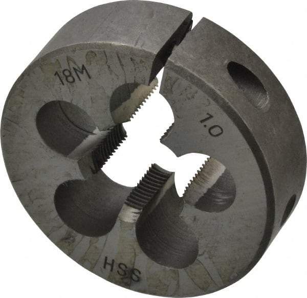 Interstate - M18x1.00 Metric Fine Thread, 2" Outside Diam High Speed Steel Round Die - Right Hand Thread, Adjustable - Exact Tool & Supply