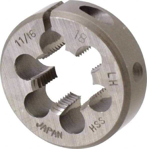 Interstate - 11/16-18 UNEF Thread, 1-1/2" Outside Diam High Speed Steel Round Die - 1/2" Thick, Left Hand Thread, Adjustable - Exact Tool & Supply