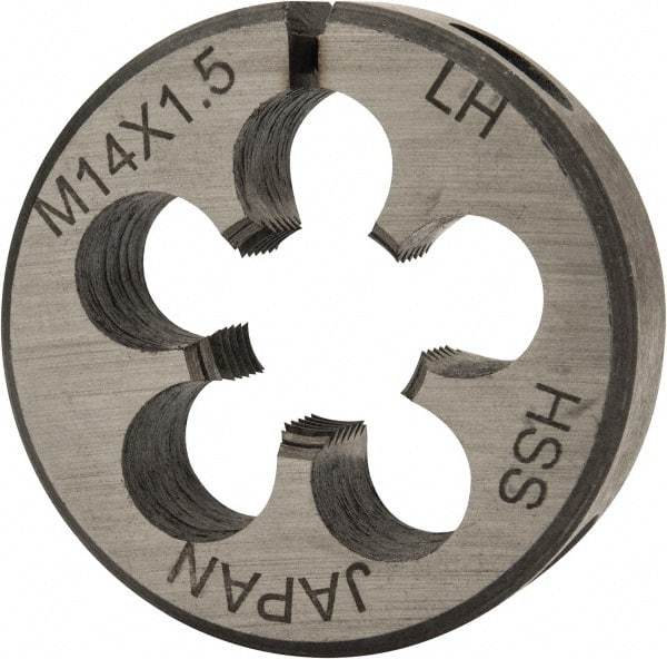 Interstate - M14x1.50 Metric Fine Thread, 1-1/2" Outside Diam High Speed Steel Round Die - 1/2" Thick, Left Hand Thread, Adjustable - Exact Tool & Supply