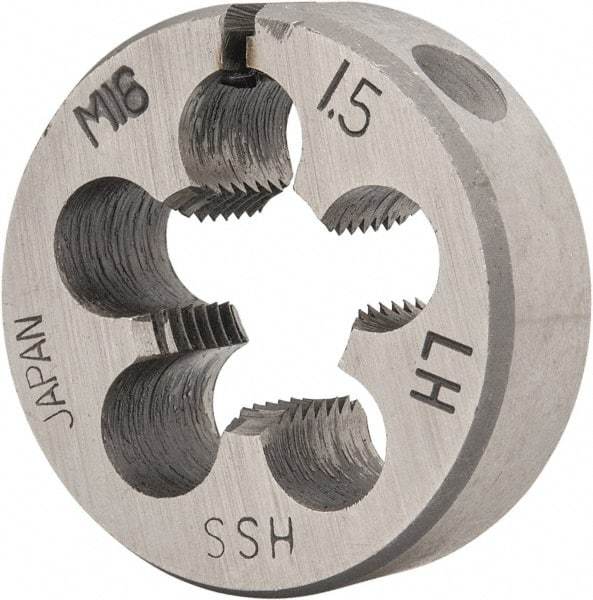 Interstate - M16x1.50 Metric Fine Thread, 1-1/2" Outside Diam High Speed Steel Round Die - 1/2" Thick, Left Hand Thread, Adjustable - Exact Tool & Supply