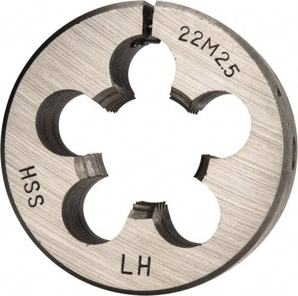 Interstate - M22x2.50 Metric Coarse Thread, 2" Outside Diam High Speed Steel Round Die - 5/8" Thick, Left Hand Thread, Adjustable - Exact Tool & Supply