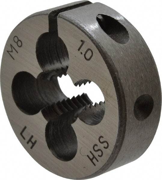 Interstate - M8x1.00 Metric Fine Thread, 1" Outside Diam High Speed Steel Round Die - 3/8" Thick, Left Hand Thread, Adjustable - Exact Tool & Supply