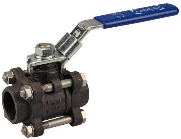 NIBCO - 1-1/4" Pipe, Full Port, Carbon Steel Standard Ball Valve - 3 Piece, Inline - One Way Flow, Socket Weld x Socket Weld Ends, Locking Lever Handle, 1,000 WOG - Exact Tool & Supply