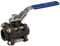 NIBCO - 1-1/4" Pipe, Full Port, Carbon Steel Standard Ball Valve - 3 Piece, Inline - One Way Flow, Socket Weld x Socket Weld Ends, Locking Lever Handle, 1,000 WOG - Exact Tool & Supply