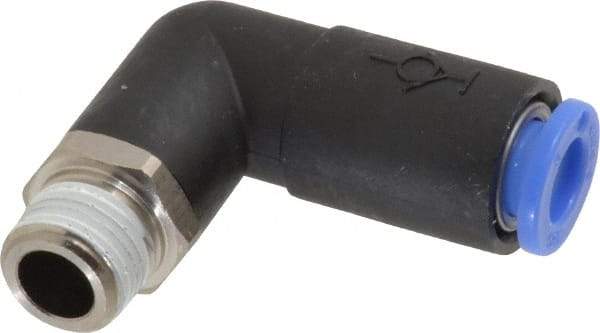 SMC PNEUMATICS - 6mm OD, R(PT) 1/8 Thread, Brass/Polybutylene Push-to-Connect Male Elbow - 145 Max psi - Exact Tool & Supply
