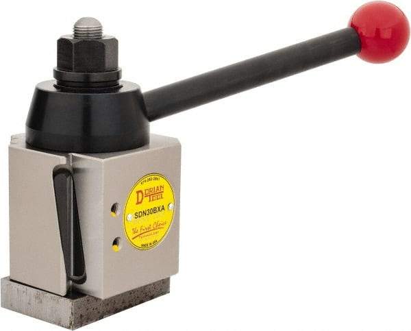 Dorian Tool - 13 to 15 Inch Lathe Swing, Wedge Type Quick Change Tool Post - 4-7/16 Inch Tool Post Height, Series BXA, 1-1/16 to 2-1/8 Inch Centerline Height Range, 5-13/32 Inch Overall Height - Exact Tool & Supply