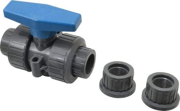 Plast-O-Matic - 3/4" Pipe, Full Port, PVC True Union Design Ball Valve - Inline - Two Way Flow, FNPT x FNPT Ends, Tee Handle, 175 WOG - Exact Tool & Supply