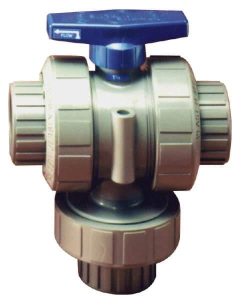 Plast-O-Matic - 3/4" Pipe, PVC True Union Design Ball Valve - Three Way, FNPT x FNPT x FNPT Ends, Tee Handle, 175 WOG - Exact Tool & Supply
