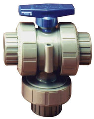 Plast-O-Matic - 3/4" Pipe, PVC True Union Design Ball Valve - Three Way, FNPT x FNPT x FNPT Ends, Tee Handle, 175 WOG - Exact Tool & Supply