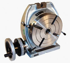 Phase II - 6" Table Diam, Horizontal & Vertical Rotary Machining Table - 4.92" Centerline Height, 1/2" Bore Diam, 2MT Center Taper, 0.39" T-Slot Width, 90:1 Gear Ratio - Exact Tool & Supply