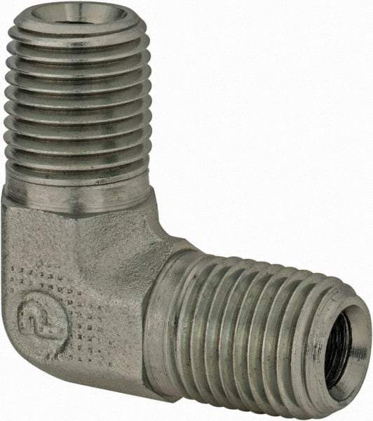 Parker - 1/4 Male Thread, Zinc Plated Steel Industrial Pipe 90° Male Elbow - MNPTF, 6,000 psi - Exact Tool & Supply
