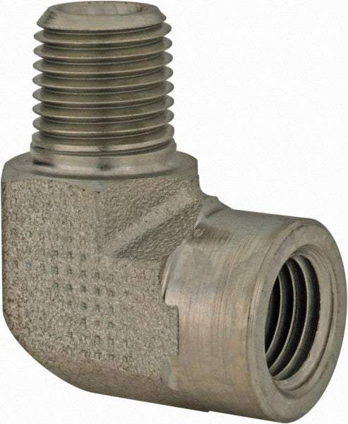 Parker - 3/8 Male Thread x 3/8 Female Thread, Zinc Plated Steel Industrial Pipe 90° Street Elbow - MNPTF x FNPTF, 4,500 psi - Exact Tool & Supply