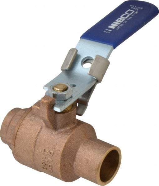 NIBCO - 3/4" Pipe, Full Port, Bronze Standard Ball Valve - 2 Piece, Inline - One Way Flow, Soldered x Soldered Ends, Locking Lever Handle, 600 WOG, 150 WSP - Exact Tool & Supply