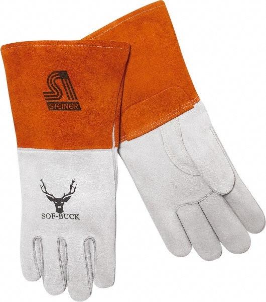Steiner - Size L Cotton Lined Deerskin Welding Glove - 14" OAL, Gauntlet Cuff, Thumb Strap, For MIG - Exact Tool & Supply