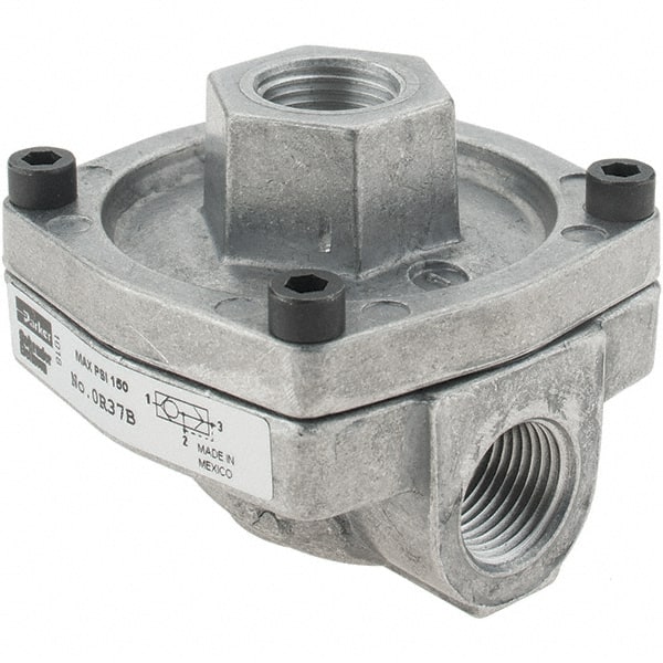 Parker - Quick-Exhaust Valves; Inlet Port Size: 3/8 ; Exhaust Port Size: 3/8 ; Material: Die Cast Aluminum ; Type: Rapid Exhaust Shuttle Valve - Exact Tool & Supply