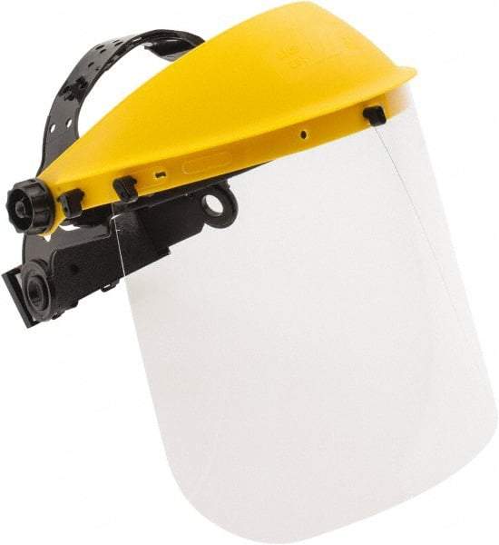 PRO-SAFE - Thermoplastic Yellow Ratchet Adjustment, Face Shield & Headgear Set - 12" Wide x 8" High x 0.04" Thick, Uncoated, Clear Window - Exact Tool & Supply