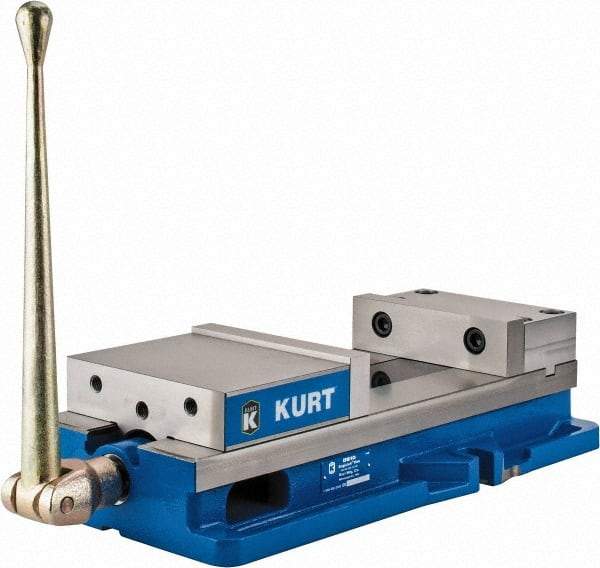 Kurt - 8" Jaw Width, 10" Jaw Opening Capacity, Horizontal Stationary Machine Vise - Manual Operation, 11,596 Lb Capacity, 1 Station, 24.185" Long x 5.51" High x 2-13/64" Deep, 2.2" Jaw Height, 80,000 psi Max Clamp Force, Ductile Iron - Exact Tool & Supply