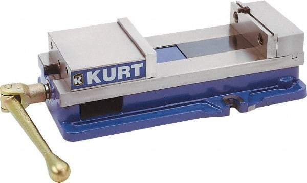 Kurt - 10" Jaw Width, 9-3/4" Jaw Opening Capacity, Horizontal Stationary Machine Vise - Manual Operation, 26,277 Lb Capacity, 1 Station, 29.19" Long x 6-13/16" High x 2-15/16" Deep, 2-1/2" Jaw Height, 80,000 psi Max Clamp Force, Ductile Iron - Exact Tool & Supply