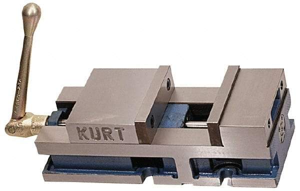 Kurt - 6" Jaw Width, 6" Jaw Opening Capacity, Horizontal Stationary Machine Vise - Air Operation, 5,000 Lb Capacity, 1 Station, 17" Long x 4.6720" High x 1-31/64" Deep, 1.735" Jaw Height, 100 psi Max Clamp Force - Exact Tool & Supply