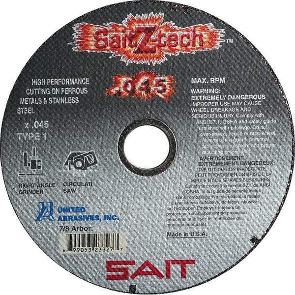 Sait - 4-1/2" Zirconia Alumina Cutoff Wheel - 0.045" Thick, 7/8" Arbor, 13,300 Max RPM, Use with Angle Grinders - Exact Tool & Supply