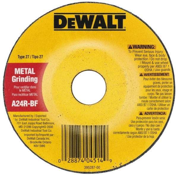 DeWALT - 24 Grit, 7" Wheel Diam, 1/8" Wheel Thickness, Type 27 Depressed Center Wheel - Zirconia Alumina, R Hardness, 8,700 Max RPM, Compatible with Angle Grinder - Exact Tool & Supply