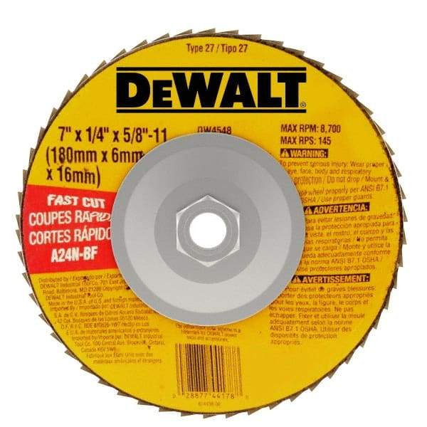 DeWALT - 24 Grit, 7" Wheel Diam, 1/4" Wheel Thickness, Type 27 Depressed Center Wheel - Aluminum Oxide, R Hardness, 8,700 Max RPM, Compatible with Angle Grinder - Exact Tool & Supply