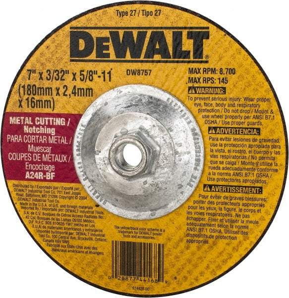 DeWALT - 24 Grit, 7" Wheel Diam, 3/32" Wheel Thickness, Type 27 Depressed Center Wheel - Aluminum Oxide, R Hardness, 8,700 Max RPM, Compatible with Angle Grinder - Exact Tool & Supply