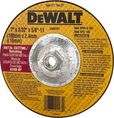 DeWALT - 24 Grit, 7" Wheel Diam, 3/32" Wheel Thickness, Type 27 Depressed Center Wheel - Aluminum Oxide, R Hardness, 8,700 Max RPM, Compatible with Angle Grinder - Exact Tool & Supply