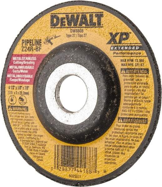 DeWALT - 24 Grit, 4-1/2" Wheel Diam, 1/8" Wheel Thickness, 7/8" Arbor Hole, Type 27 Depressed Center Wheel - Zirconia Alumina, R Hardness, 13,300 Max RPM, Compatible with Angle Grinder - Exact Tool & Supply