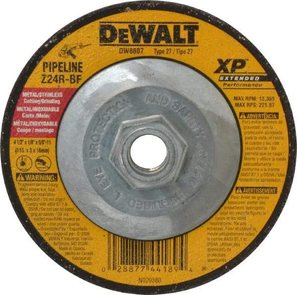 DeWALT - 24 Grit, 4-1/2" Wheel Diam, 1/8" Wheel Thickness, Type 27 Depressed Center Wheel - Zirconia Alumina, R Hardness, 13,300 Max RPM, Compatible with Angle Grinder - Exact Tool & Supply