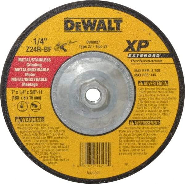 DeWALT - 24 Grit, 7" Wheel Diam, 1/4" Wheel Thickness, Type 27 Depressed Center Wheel - Zirconia Alumina, R Hardness, 8,700 Max RPM, Compatible with Angle Grinder - Exact Tool & Supply