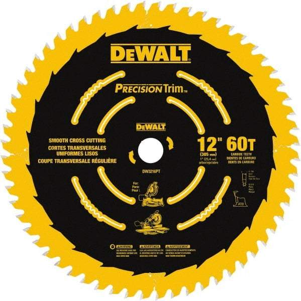 DeWALT - 12" Diam, 1" Arbor Hole Diam, 60 Tooth Wet & Dry Cut Saw Blade - Carbide-Tipped, Crosscut & Smooth Action, Standard Round Arbor - Exact Tool & Supply
